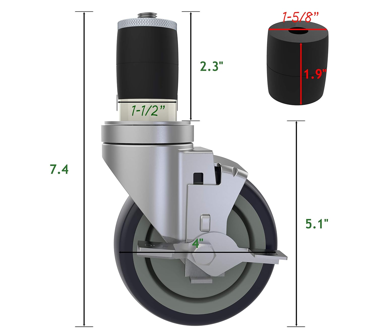 OK5STAR 4 inch Prep Table Casters Set of 4 for Commercial Kitchen Prep Tables, Expanding Stem Caster Wheels for Table Legs All with Brake Fit 1-1/2" and 1-5/8" Leg Tube Adapter Caster: Industrial & Scientific