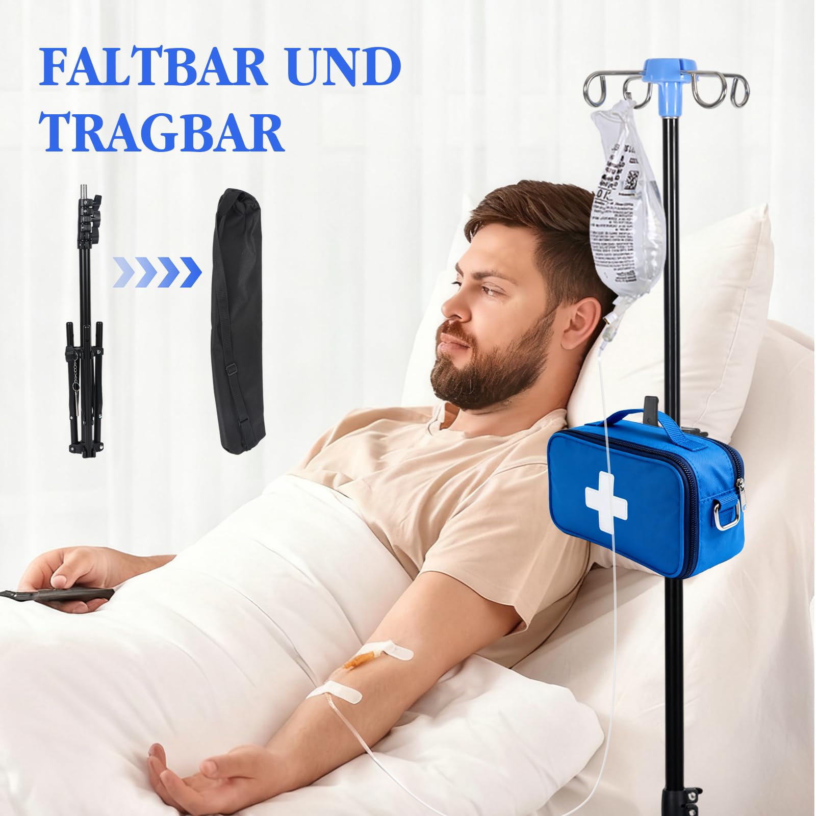 Supporto per infusione con ruote e ganci, pieghevole, regolabile in altezza, con 4 ganci e 3 ruote, supporto portatile per infusione per ospedale, assistenza domiciliare e in viaggio (con ganci)