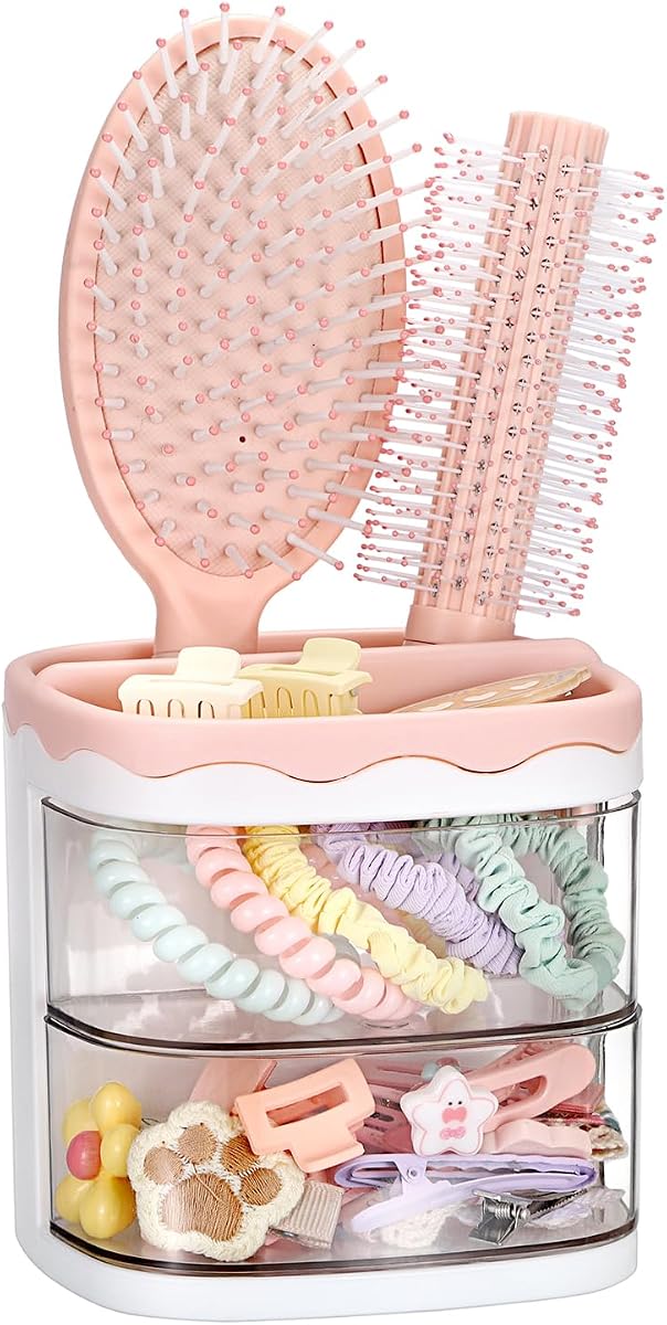 Hair Accessories Organizer Box Hair Brush Holder for Bathroom | Rotatable design, Hair Tie Organizer with 2 Drawers, Storage Box for Hair Clips, Makeup Brushes, Vanity Organization