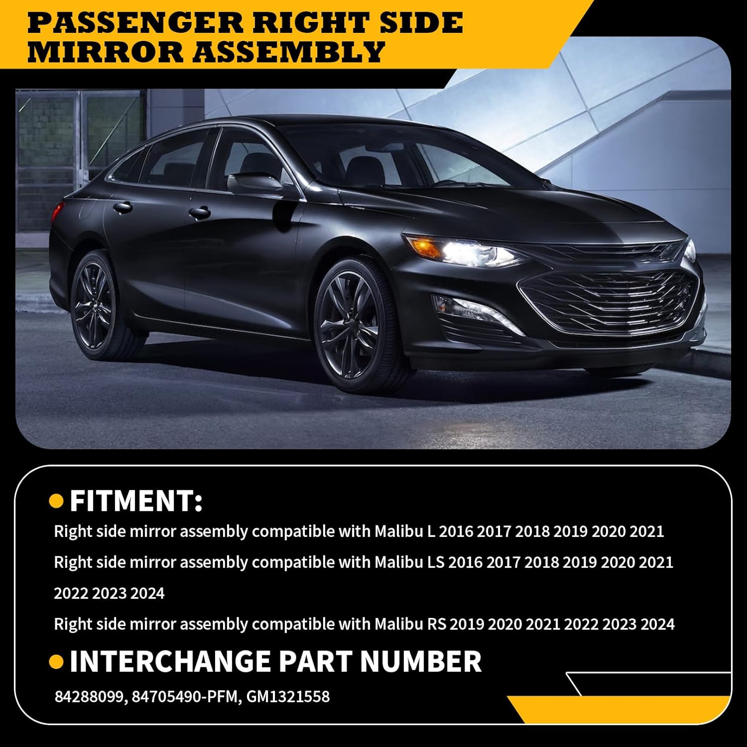 Passenger Right Side Mirror Assembly Compatible with Malibu 2016-2024 Side Door Mirror Manual Fold GM1321538 84705490-PFM (‎Black 3 Pins)