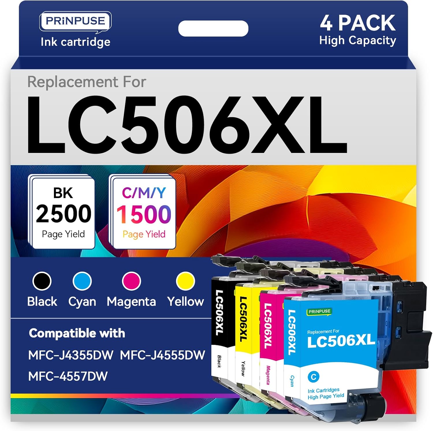 LC506XL Ink Cartridges Compatible Replacements for Brother LC506 Ink Cartridges for Brother Printer MFC-J4355DW MFC-J4555DW MFC-4557DW, 4 Pack