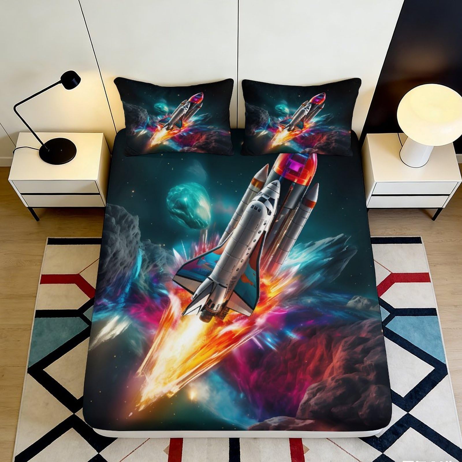 3D Printed Rocket Launch Fitted Sheet Microfiber Soft Bedroom Decor Cosmic Space Mattress Cover for Home Dorm 200x200x25cm