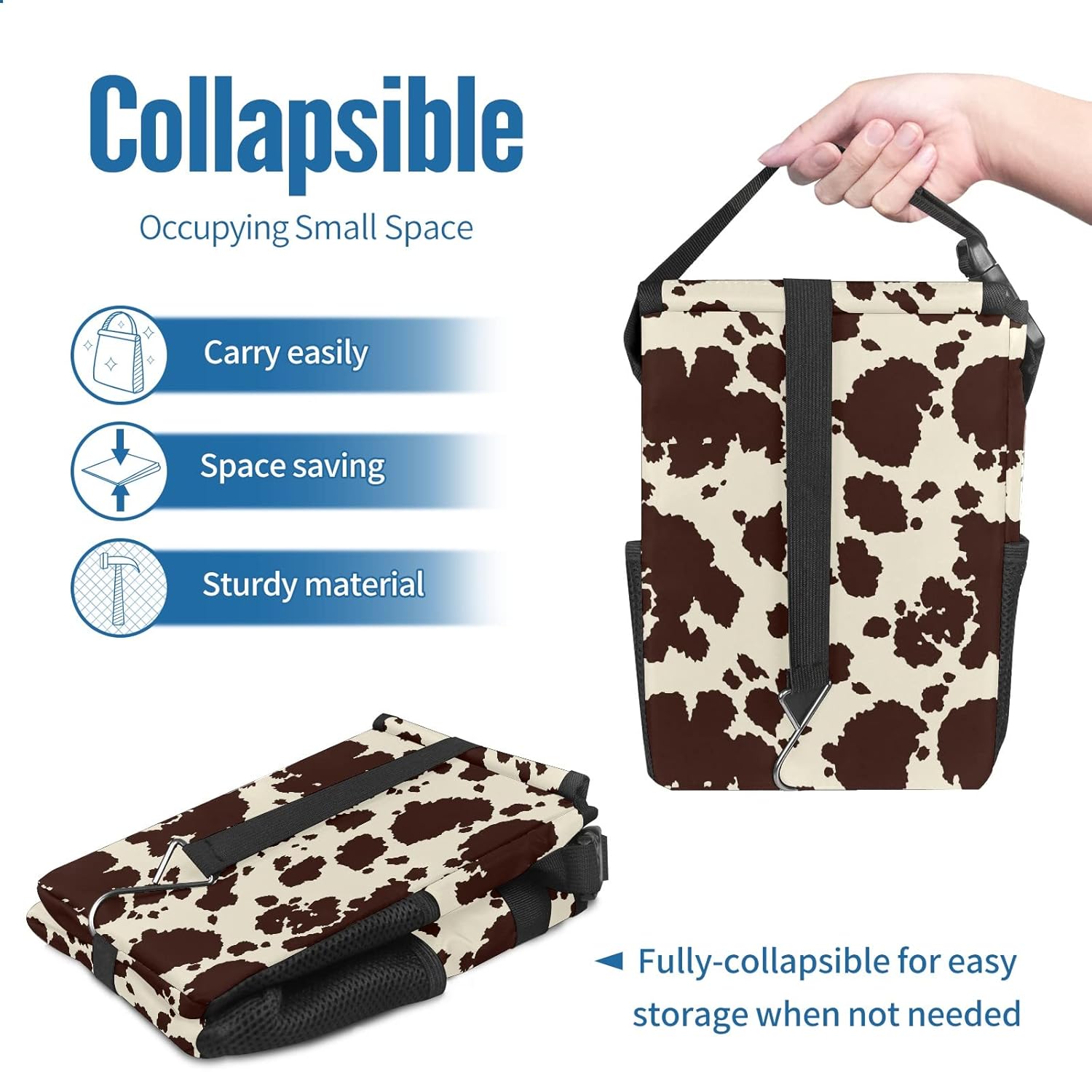 Brown Cow Print Collapsible Car Trash Can with Lid - Reusable, Waterproof, Garage Bag, Interior Car Organizer