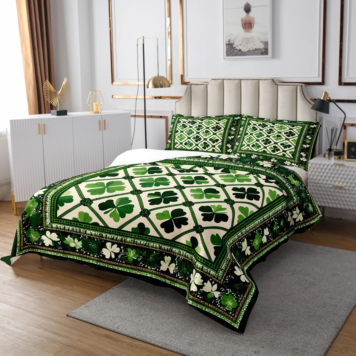 jejeloiu Green Clover Leaves Coverlet Set King Size St. Patrick's Day Bedspread for Kids Boys Girls Geometric Quilted Coverlet Quilted Bedroom