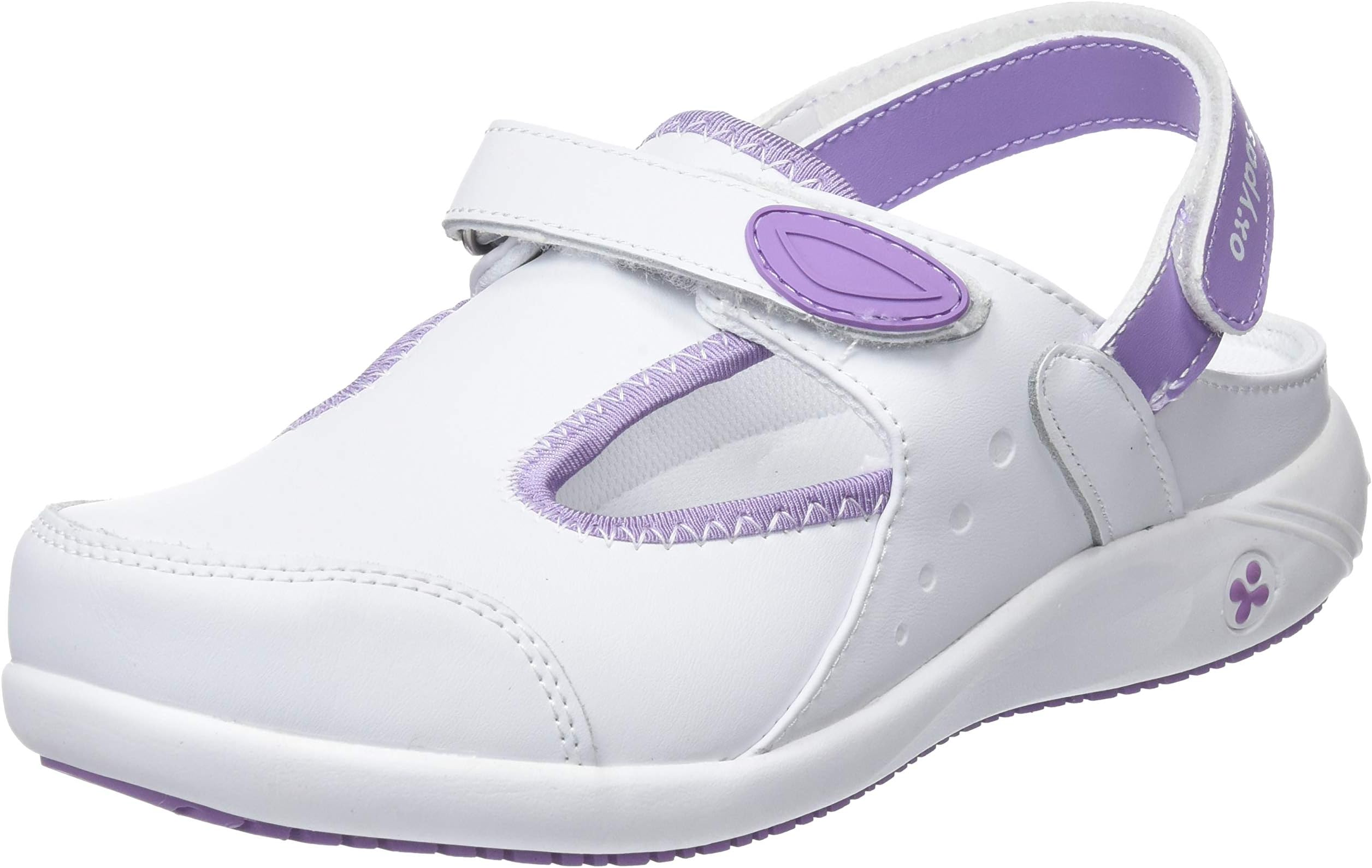 Safety Jogger Clogs for Women - Lightweight Leather Work Shoe, Ideal for Hospital, Kitchen or Garden, Slip Resistant and Shock Absorbing Comfortable Clog, Oxypas Carin White/Purple, 5 UK 38 EU