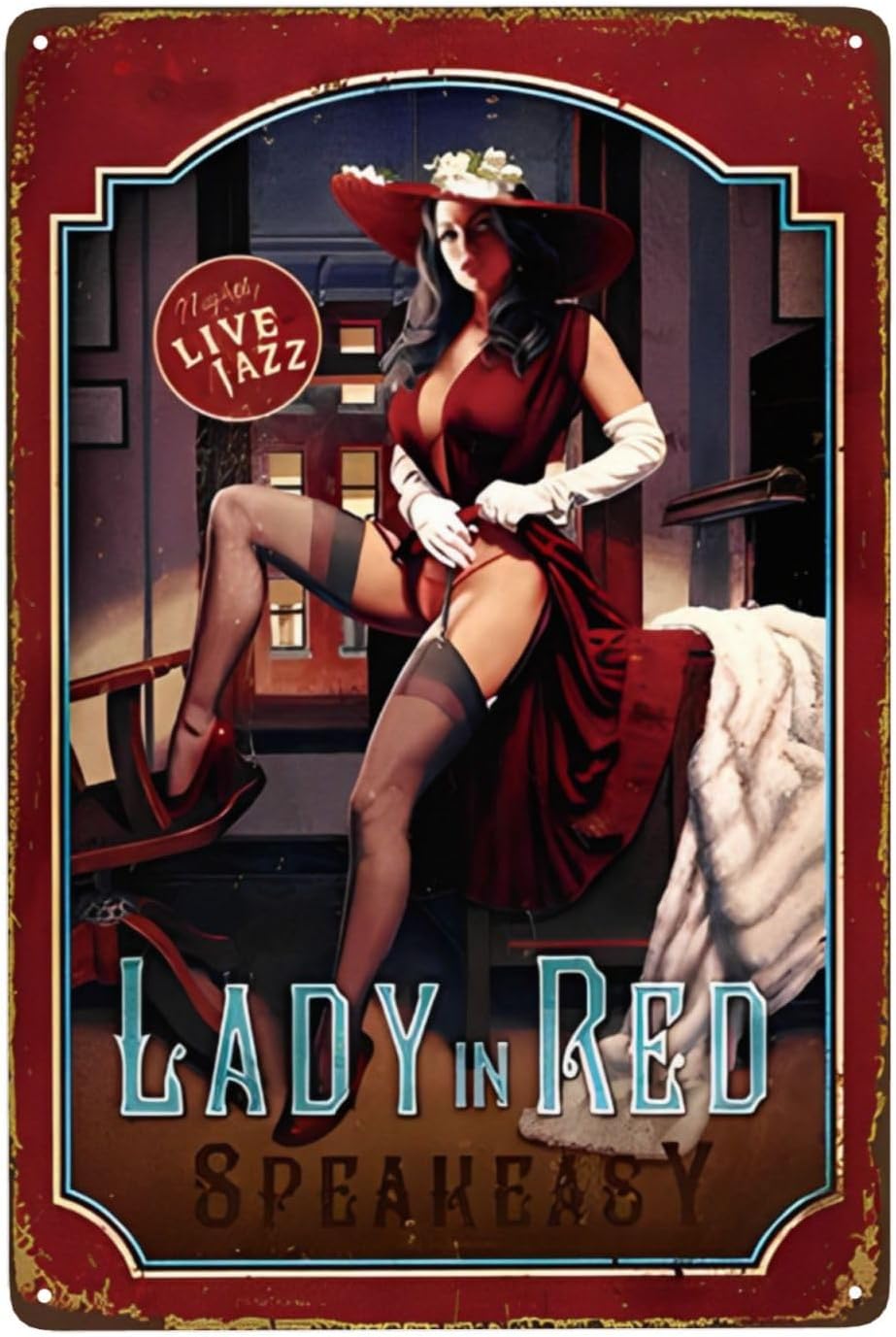 Lady in Red Pin-Up Speakeasy Retro 8 x 12 Inch Vintage Metal Sign for Man Cave Bar Garage Pub Hotel Wall Art Decor