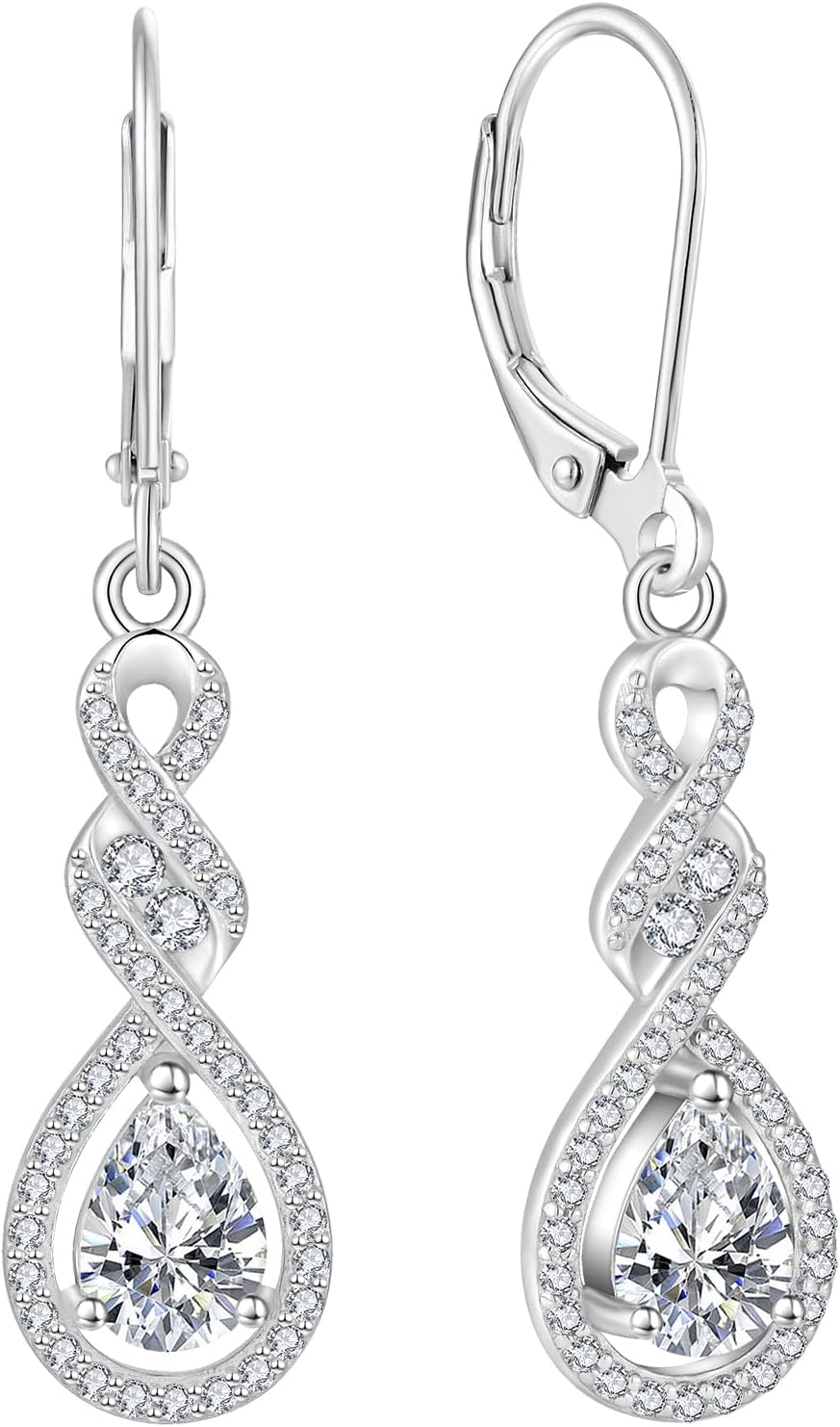 Infinity Teardrop Drop Dangle Earrings 925 Sterling Silver Birthstone Leverback Earrings 5A Cubic Zirconia Jewelry for Women