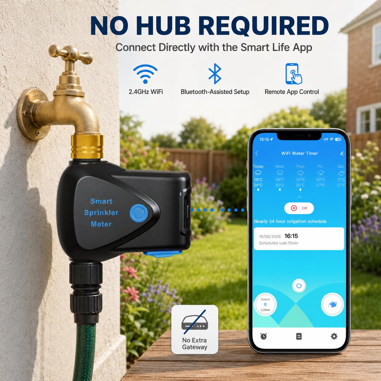 WLAN Bewässerungscomputer mit Durchflussmesser und Messinganschluss | Smart Life App-Steuerung ohne Gateway; Zeit- und Mengenbewässerung, IP65 für Rasen, Beete, Hochbeete und Gewächshaus