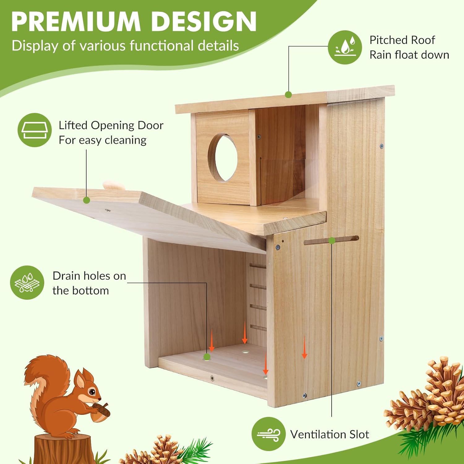 Large Squirrel Family House with Feeder Pine Wooden Box for Shelter Nesting Breeding Living Residence with Varnish Finished