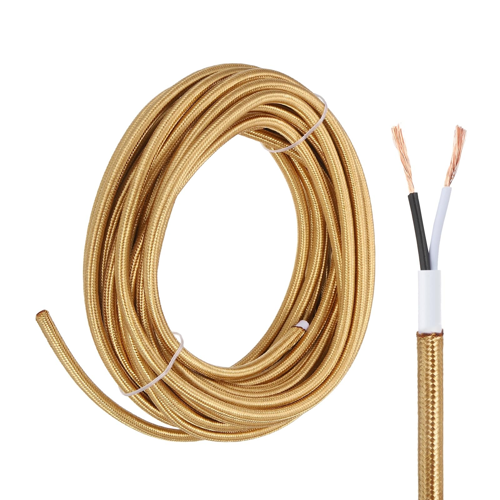 sourcing map 25Ft Cloth Covered Lamp Wire, UL Listed 18AWG 2 Conductor Fabric Vintage Industrial Cord, 300V SVT Braided Electrical Wire for DIY Lamp Parts Lighting Project, Light Gold