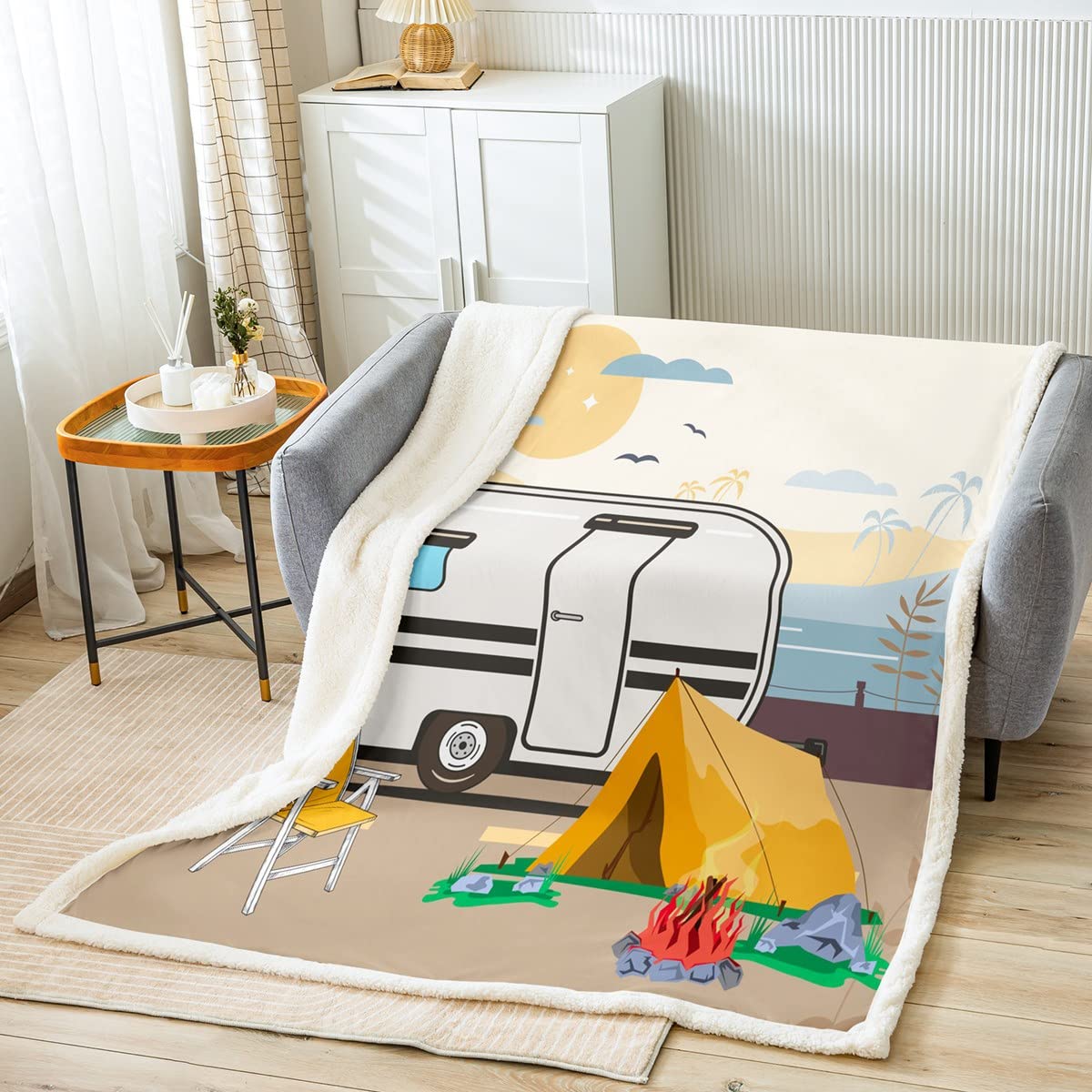 Grande coperta da campeggio Sherpa per camper e campeggio, coperta in pile per bambini, ragazzi, ragazze, camper, campeggio, auto, viaggi, coperta fuzzy per divano letto, queen 200 x 200 cm