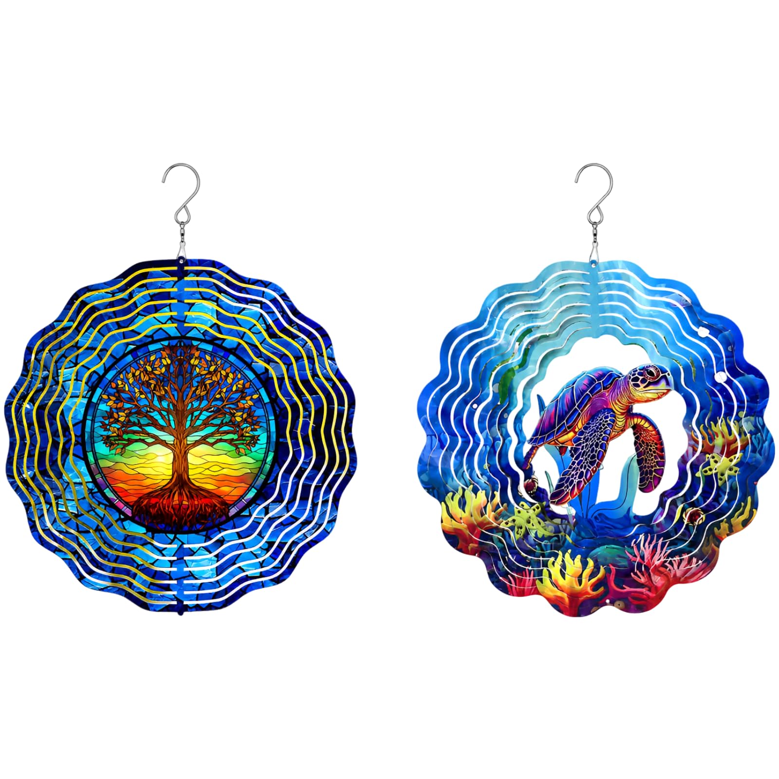2 STK. 11,8 Zoll Garten Wind Spinner für draußen, 3D mehrlagiger Edelstahl Windspinner mit Baum des Lebens und Meeresschildkröte, Drehdeko für Terrasse, Veranda, Balkon, Garten