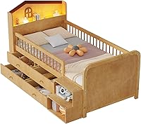 Vista 157 de Modern Full Size Platform Bed Storage Headboard and Safety Guardrail for Kids, Function Wood Platform Bed Frame with Built-in LED Light for Boy