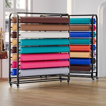 Commercial Fabric Roll Display Rack, Large Black Metal Hanging Shelf with Adjustable Rod & Brakeable Wheels for Vinyl Spool/Car Color Change Film/Tablecloth/Wrapper/Leather Rolls16 rods,145cm