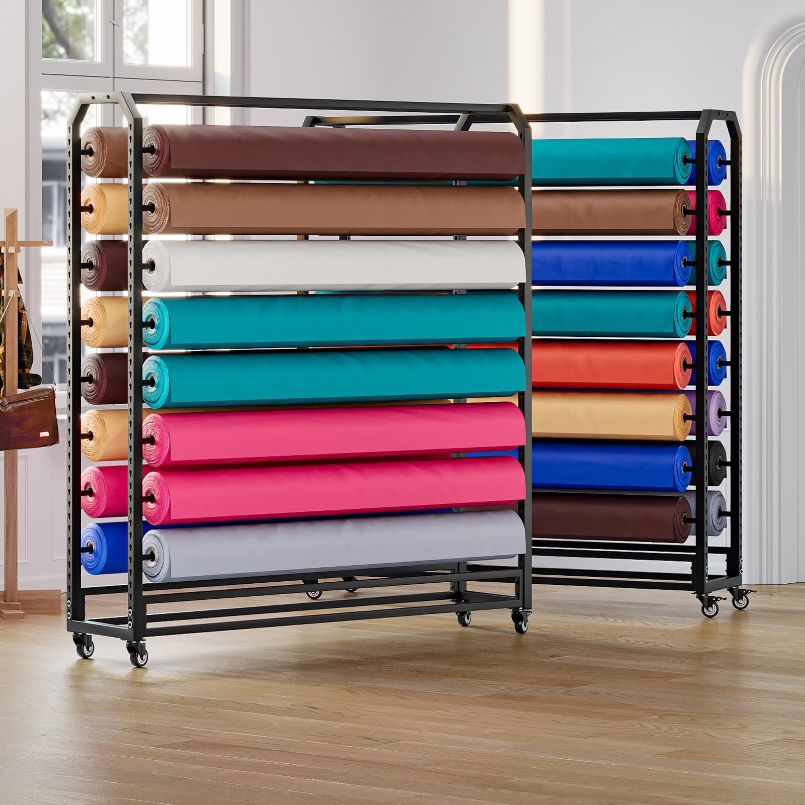 Grande étagère suspendue en métal noir avec tige réglable et roulettes freinables pour bobine de vinyle/film de changement de couleur de voiture/nappe/emballage/rouleaux de cuir - Présentoir