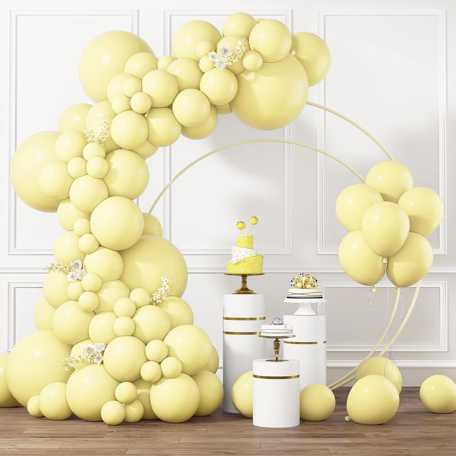 RUBFAC Pastel Yellow Balloons, Light Yellow Balloons Different Sizes 105pcs 5/10/12/18 Inch for Garland Arch, Latex Balloons for Easter Birthday Party Gender Reveal Baby Shower Sunflower Decorations