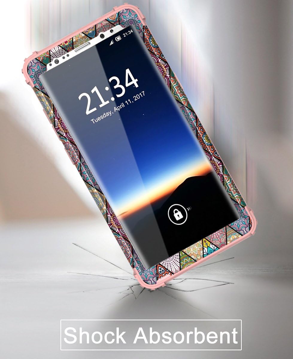Galaxy Note 8 Case, Hocase Shockproof Heavy Duty Hybrid Silicone Rubber Bumper+Hard Shell Full Body Protective Phone Case w/Cute Mandala Floral Print for Samsung Galaxy Note 8 2017 - Rose Gold Pink