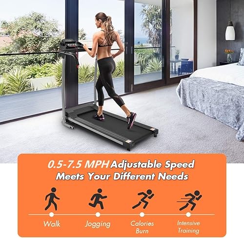 Miniatura 10 de GYMAX Caminadora plegable, máquina eléctrica motorizada para caminar con soporte para dispositivo para ejercicio cardiovascular, entrenamiento de