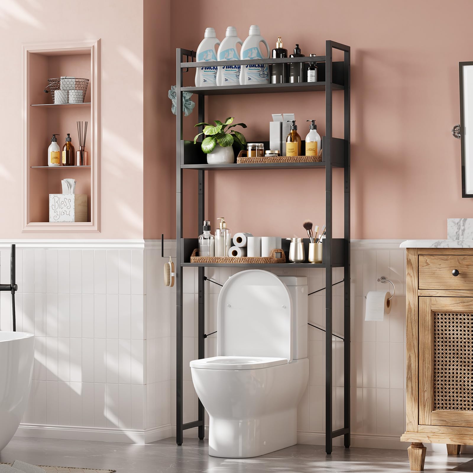 Étagère de Toilette 3 Niveaux,66x23x162 cm,Rangement au-Dessus des WC en Fer, Meuble Salle de Bain Économiseur d’Espace avec Crochet, pour Buanderie Cuisine Balcon Salon, Noir