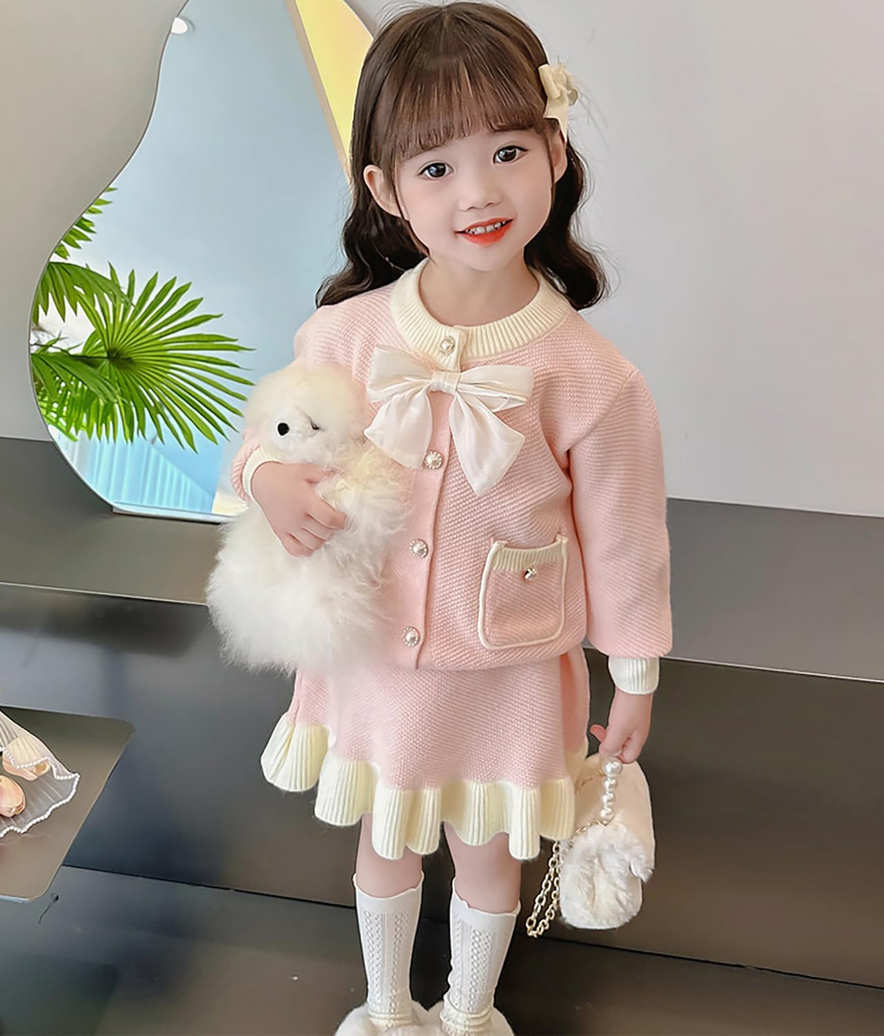 Toddler Girls Sweater Skirt Set Bow-knot Cardigan Sweater Winter Coat Set Size 2-7 Years
