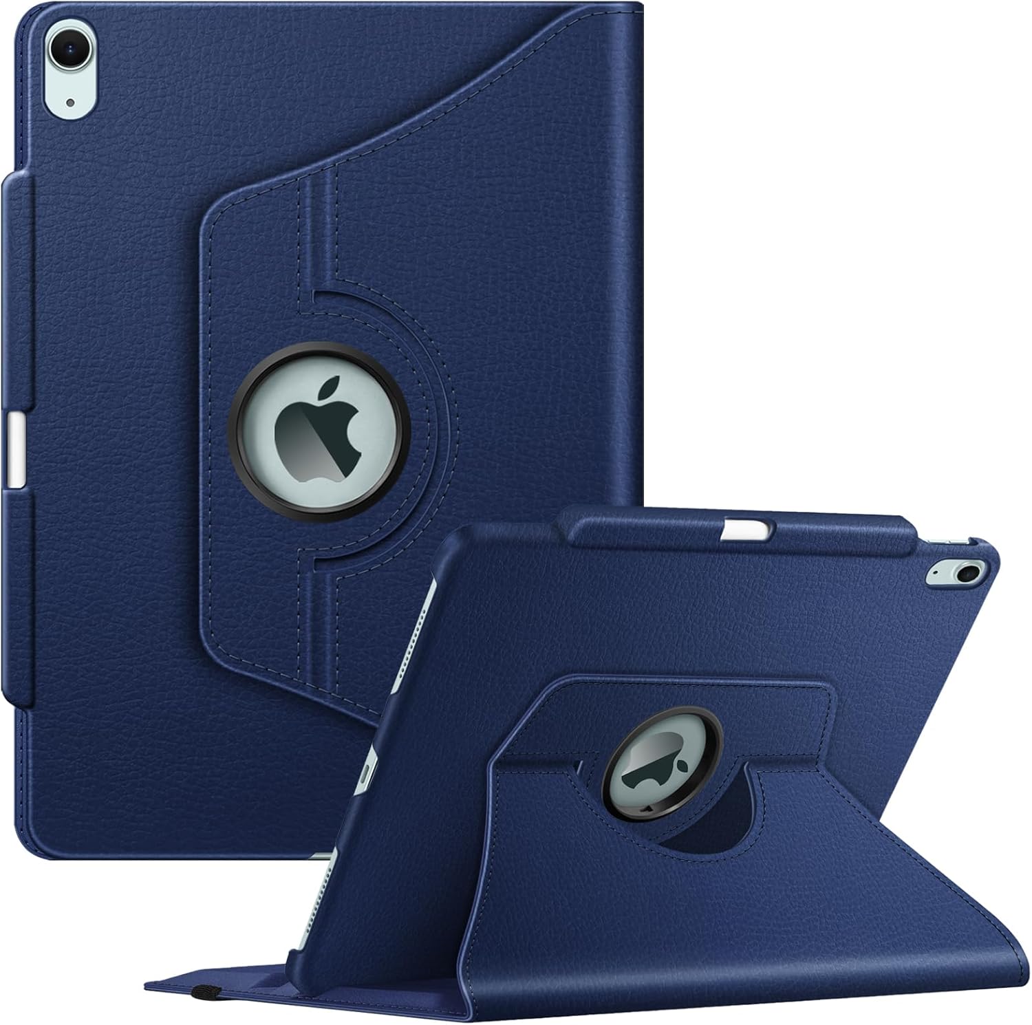 FINTIE Rotating Case in navy blue, shown with an iPad Air 13-inch installed, demonstrating the 360-degree rotating stand feature.