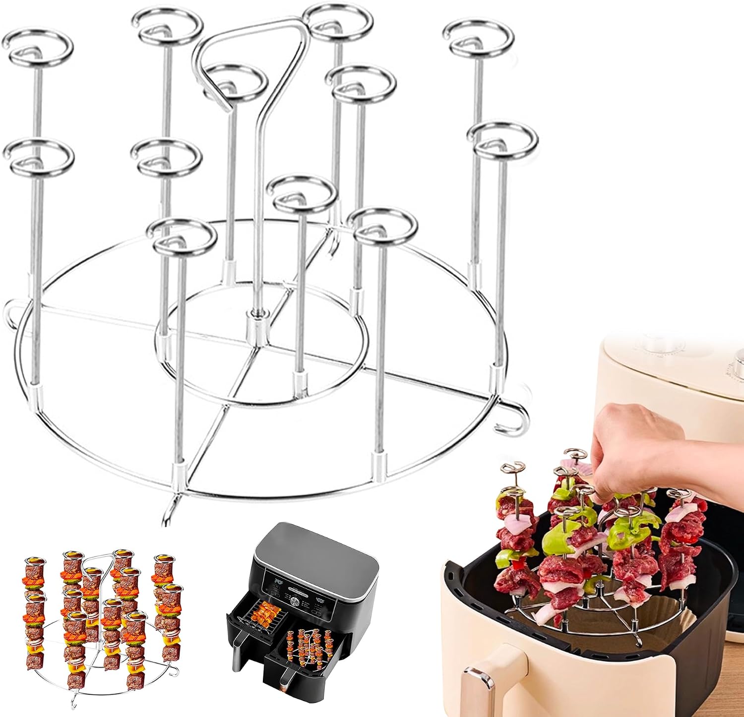 Różdżki do airfryera z 12 sztuk szpikulców, okrągły stalowy stojak na szaszłyki do frytkownicy na gorące powietrze, pionowa półka do grillowania na gorące powietrze, stojak do gotowania na grilla BBQ