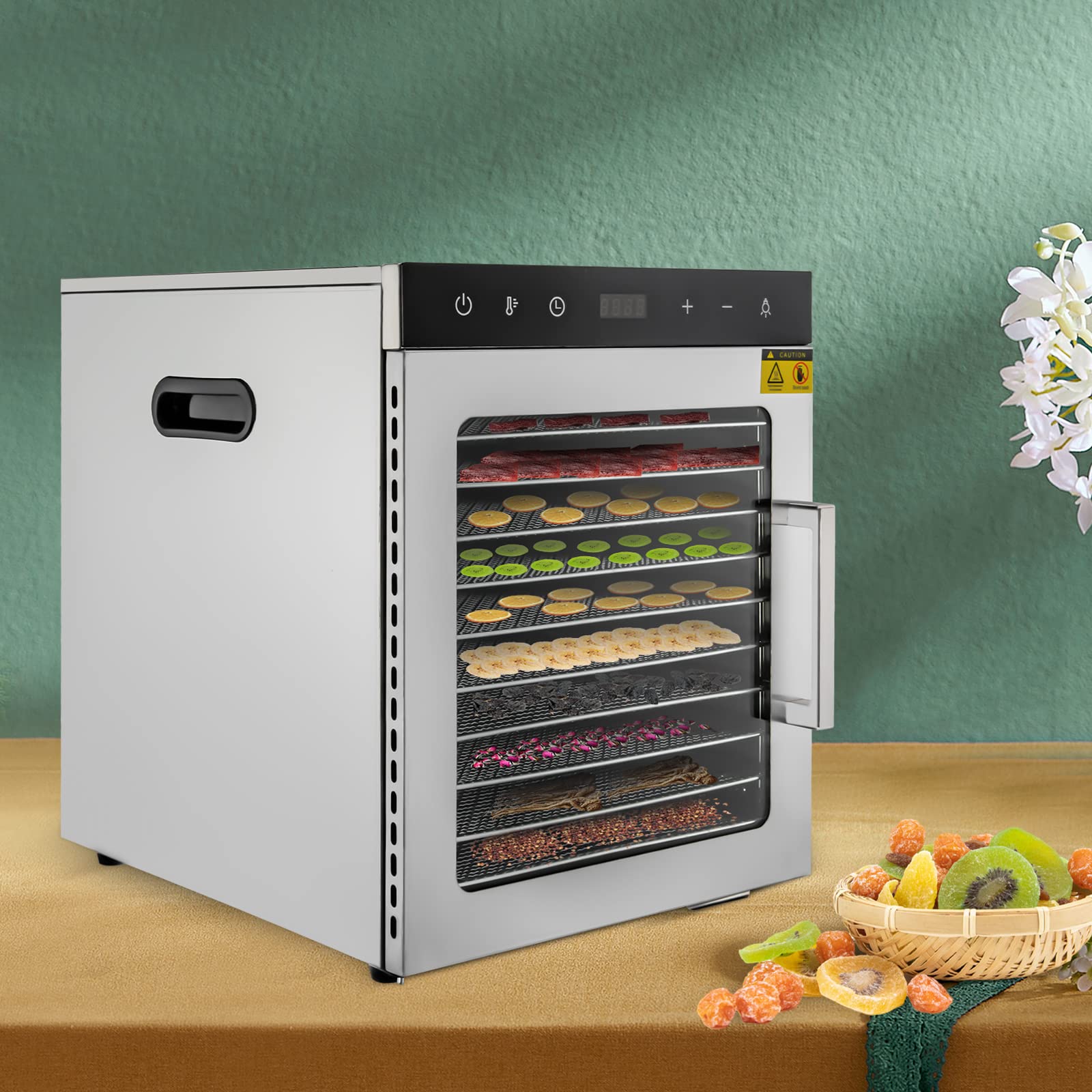 220 V, 800 W, essiccatore in acciaio inox, 10 ripiani, regolatore di temperatura da 30 – 90 °C, funzione timer da 0,5 – 24 h, disidratatore per frutta, verdura, carne e tè, senza BPA
