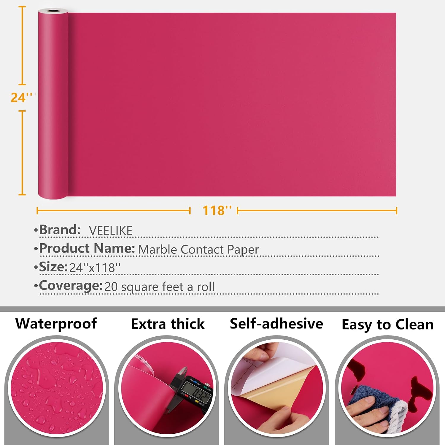 VEELIKE Magenta Pink Wallpaper Peel and Stick Deep Pink Contact Paper for Cabinets Desk Furniture Dorm 24''x118'' Self Adhesive Removable Solid Color Girly Wallpaper for Bedroom Living Room Nursery