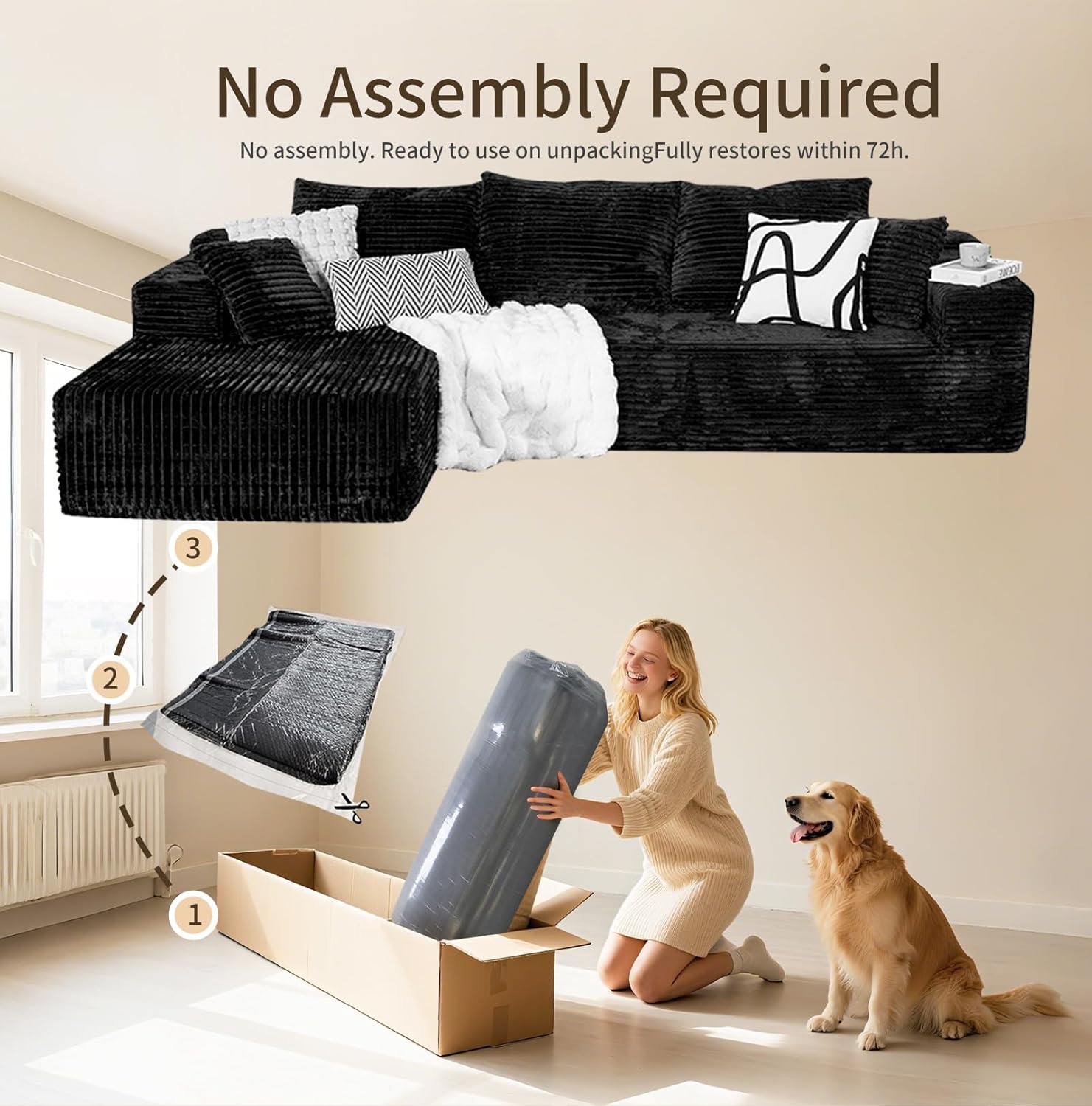 106'' Cloud Sectional Couch with L-Shape Chaise, Boneless Corduroy Sofa with Deep Seat, Modern Modular Couch for Living Room, No Assembly Required, Black Corduroy Fabric (Left Facing Chaise)