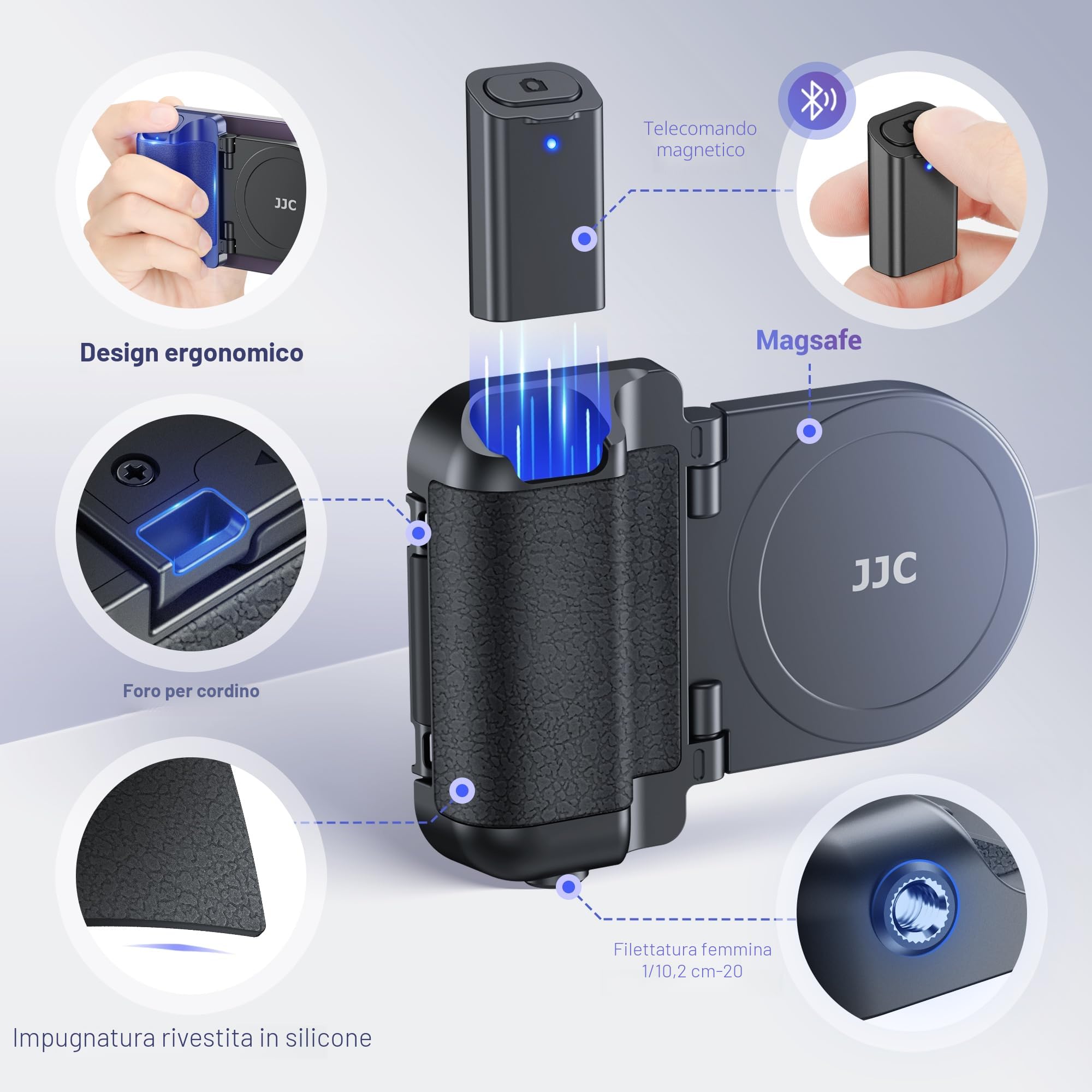 JJC Magnetico Impugnatura magnetica per cellulare con telecomando Bluetooth per iPhone 17 16 15 14 13 e smartphone Android, supporto per telefono e treppiede, colore: Nero