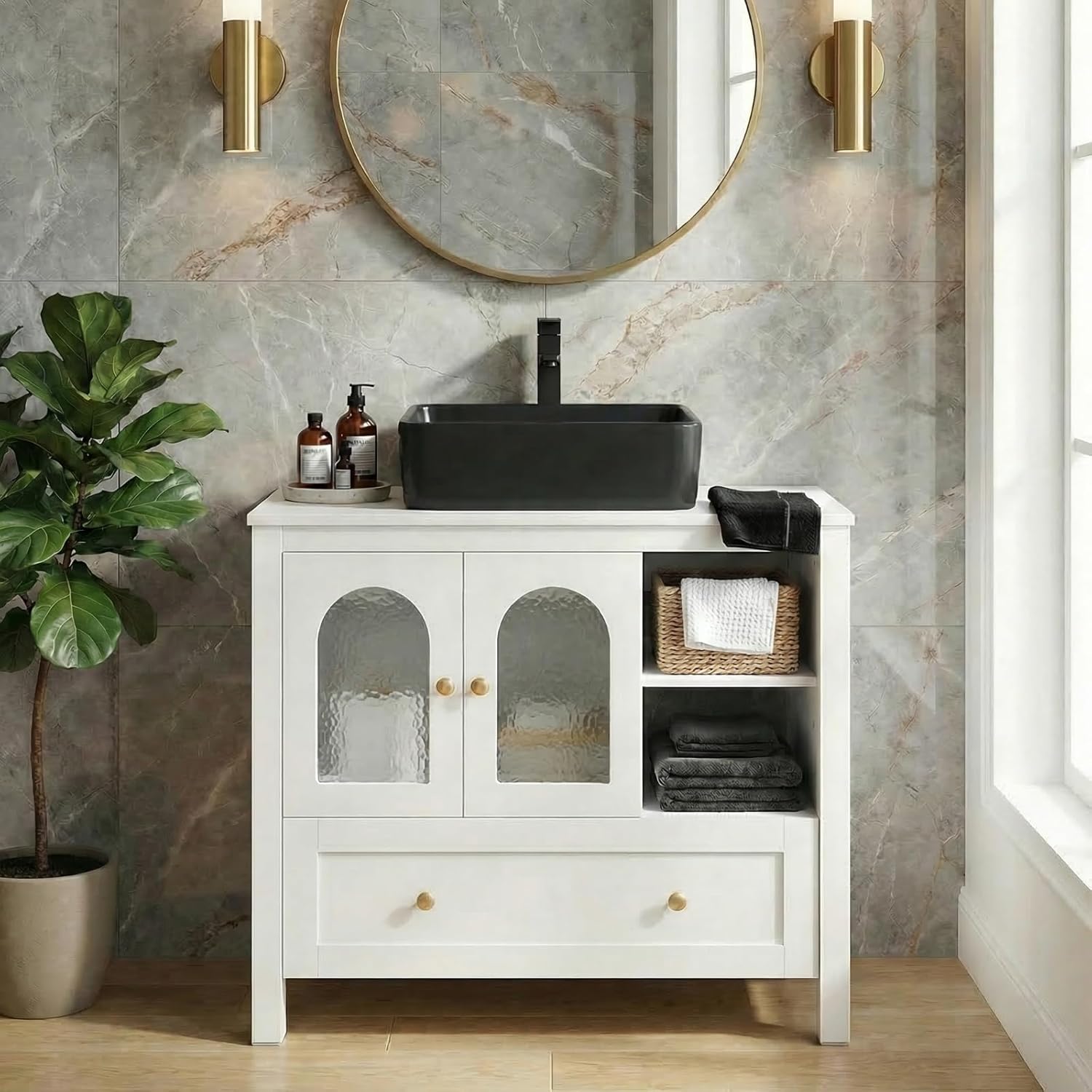 36'' Bathroom Vanity with Sink, White Freestanding Vanity Sink Cabinet with Drawer and Water Ripple Doors, Modern Bathroom Storage Cabinet with Black Ceramic Sink Top