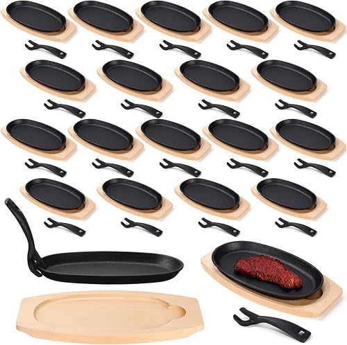 Mifoci 20-set Cast Iron Fajita Skillet Set – Small Sizzling Steak Plate with Wooden Base and Handle, Restaurant-grade Fajita Pans for Commercial Use, Catering, BBQ, Home Kitchen, Wedding Party Favors