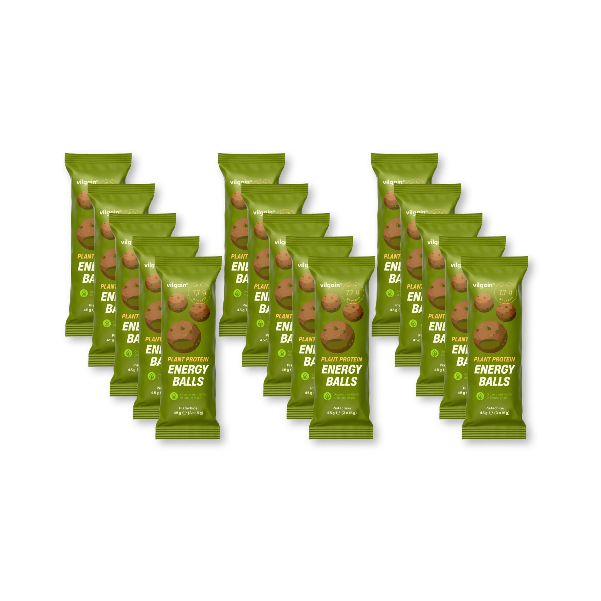 Vilgain Organic Plant Protein Energy Balls (15x45g) Pistazie – Bio Protein Snacks mit Datteln, Veganer Energie Snack ohne Zuckerzusatz, Glutenfrei & Reich an Ballaststoffen, 15 Stück á 45 g