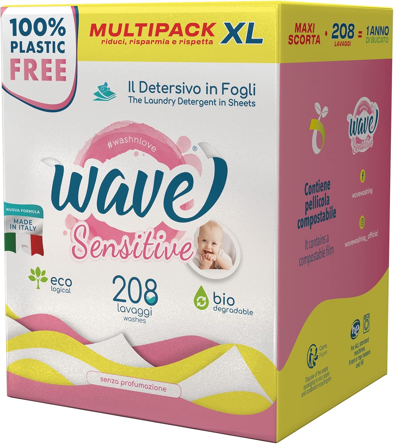 Wave Washing Sensitive - Il Detersivo in Fogli - 100% PLASTIC FREE - Multipack XL - 208 Lavaggi - Made in Italy - Ecologico - Biodegradabile - Compostabile…