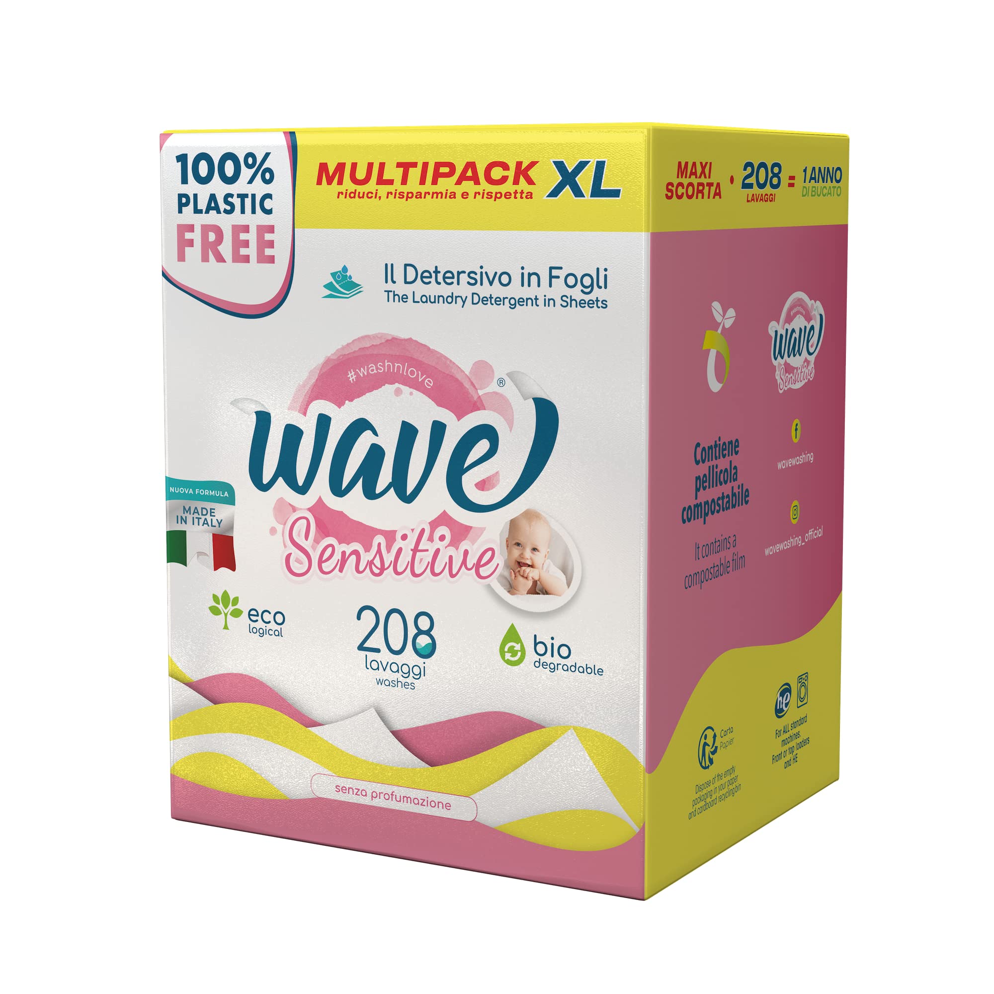 Wave Washing Sensitive - The Detergent in Sheets - 100% PLASTIC FREE - Multipack XL - 208 Washes - Ecological - Biodegradable - Compostable