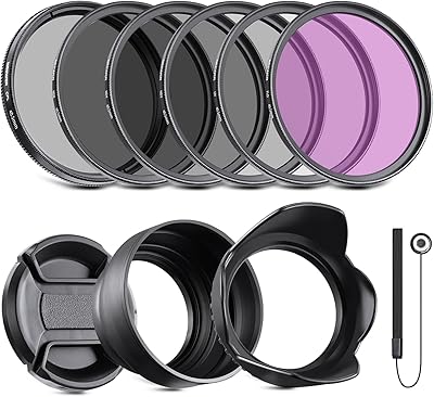 NEEWER Objektiv Filter Set 40.5mm UV CPL und ND Filters(ND2, ND4, ND8) FLD Filter, Tulpenförmiger Blende, Zusammenklappbarer Gummi Blende, Filterbeutel, Sicherheitsgurt und Reinigungstuch