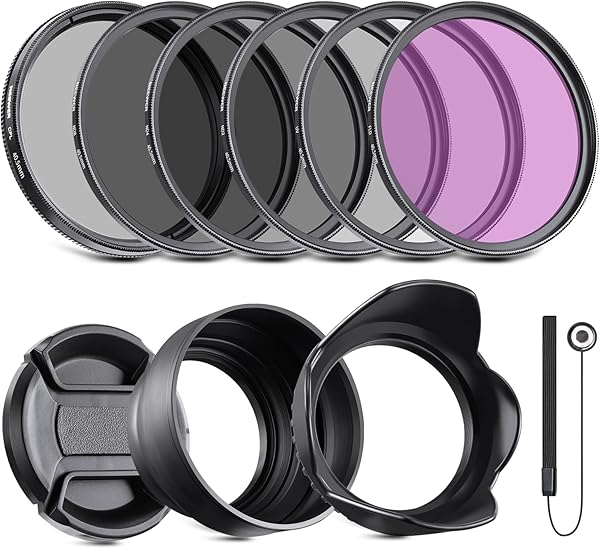 NEEWER Objektiv Filter Set 40.5mm UV CPL und ND Filters(ND2, ND4, ND8) FLD Filter, Tulpenförmiger Blende, Zusammenklappbarer Gummi Blende, Filterbeutel, Sicherheitsgurt und Reinigungstuch