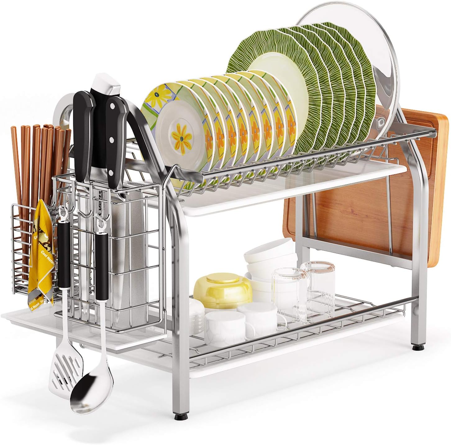 1Easylife Dish Drying Rack, 2 Tier Dish Rack Stainless Steel with Utensil Knife Holder and Cutting Board Holder Dish Drainer with Removable Drain Board for Kitchen Counter Organizer Storage (Silver)