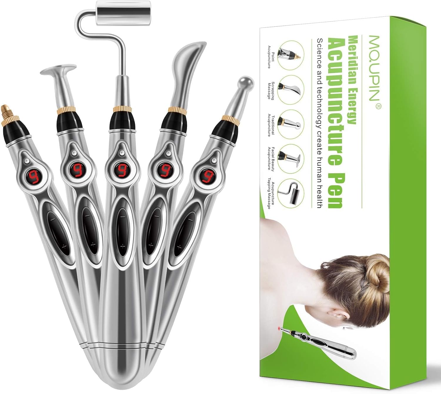 MQUPIN Elektronischer Massagestift, 5-in-1 mit austauschbaren Massageköpfen, tragbarer Massage- und Entspannungsstift zur Muskelentspannung