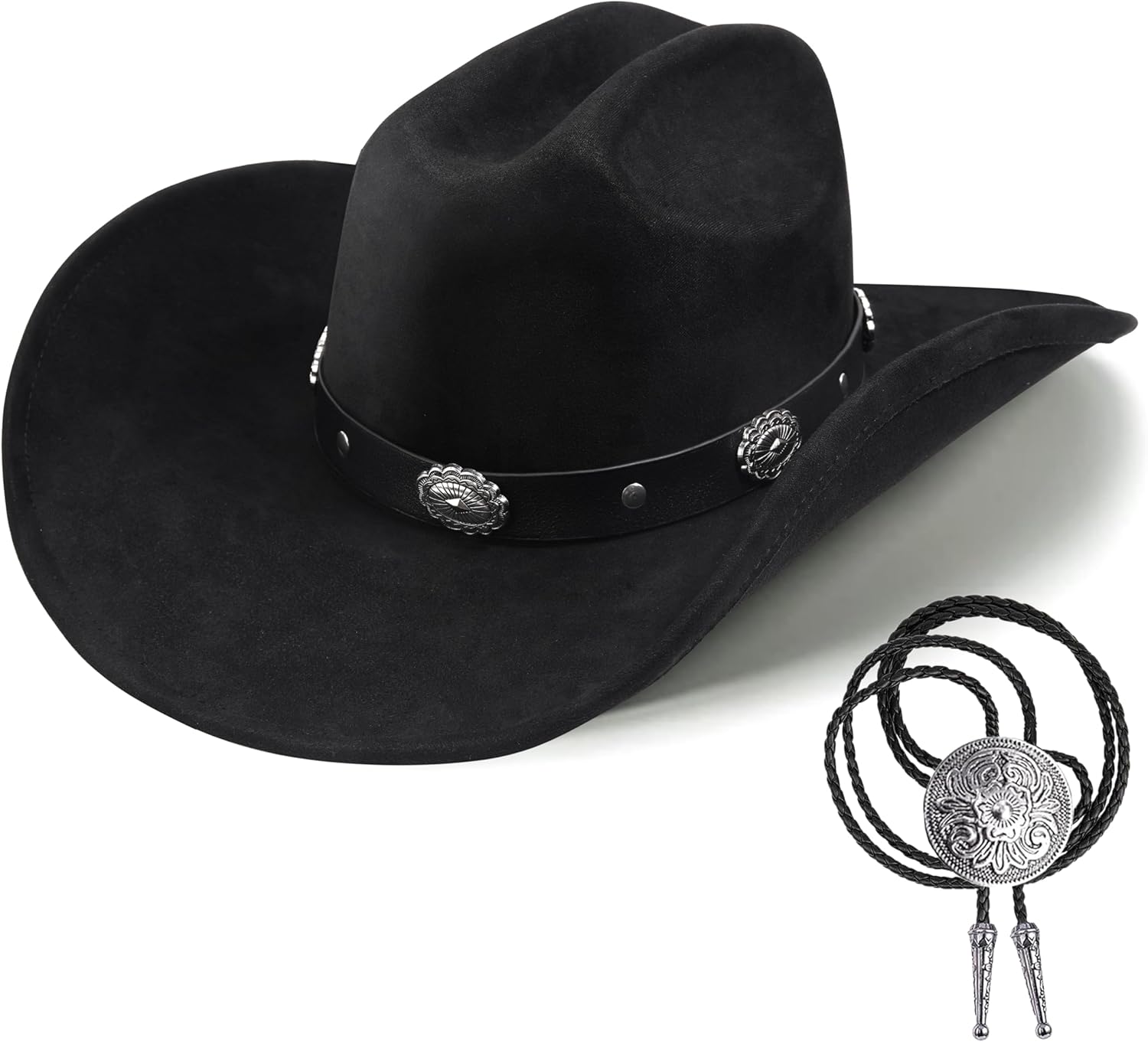 Cowboy Hats for Women and Men Cowgirl Hat Wide Brim Faux Suede Felt Western Hat with Bolo Tie for Cowboys and Cowgirls