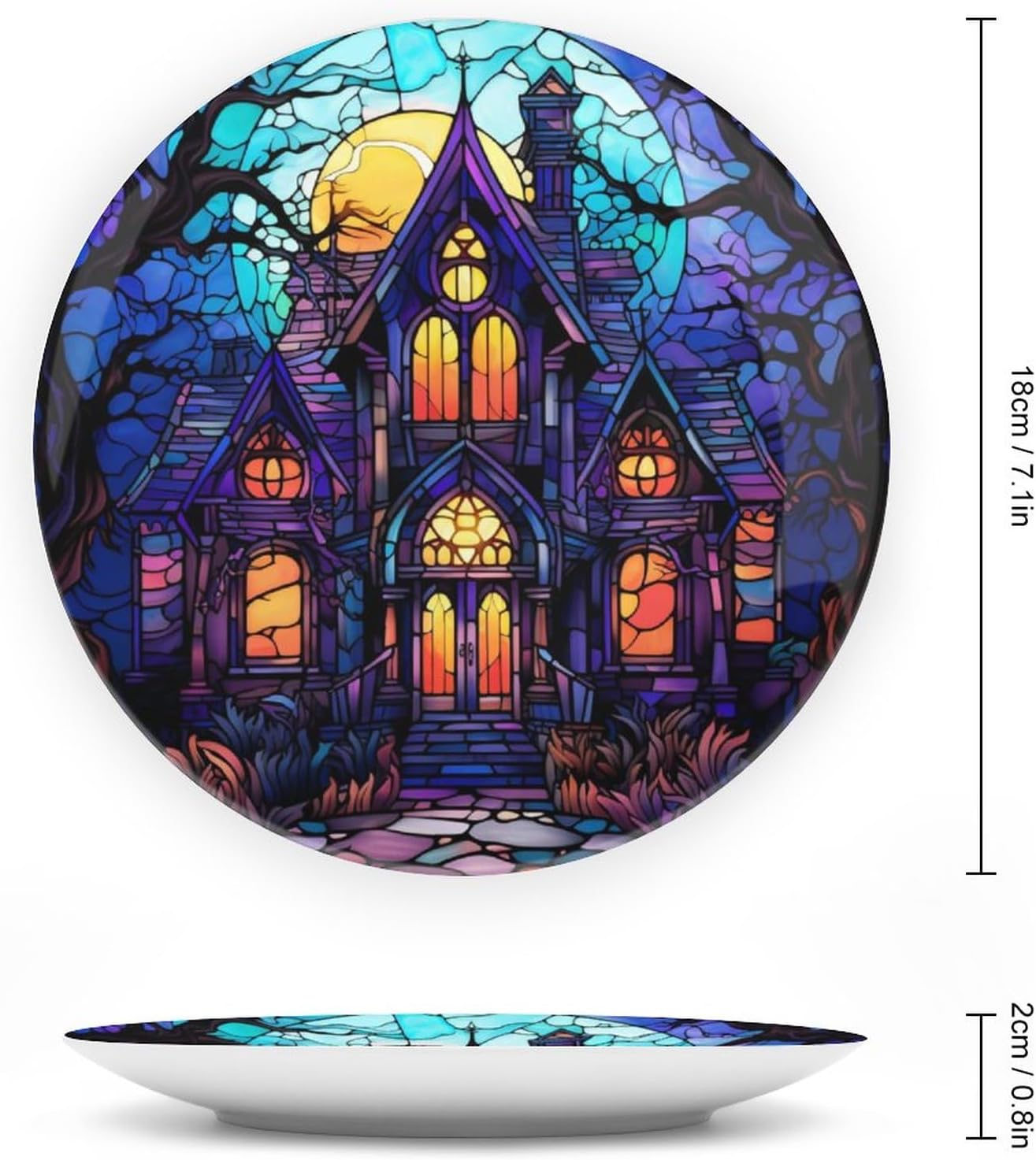 Decorative Plates for Home Decor, Haunted House Stained Glass Painting Decor Tray for Table Display, Ceramic Dinner Plate W/Stand, Living Room Dining Room Decor, Gifts for Halloween, 7 Inch