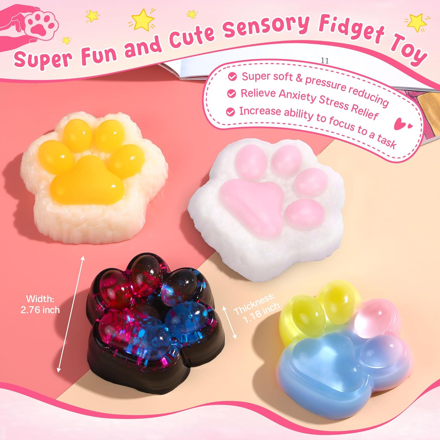 4 Pcs Taba Squishy Paw, Cat Paw Squishy Toys – Soft Sticky Sensory Fidget Pack for Stress Relief, Cute Kawaii Fufu Squeeze Toys, Gifts for Boys Girls Adults Kids, Party Favors
