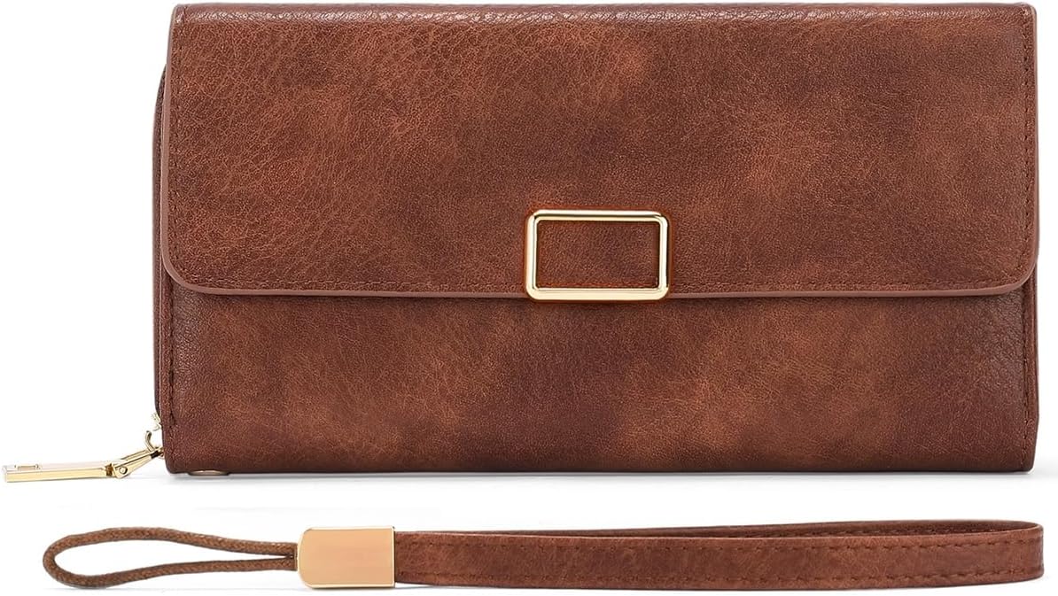 Women's RFID Blocking Genuine Leather Trifold Long Wallet Large Capacity Retro Clutch Purse for Travel (367-black)