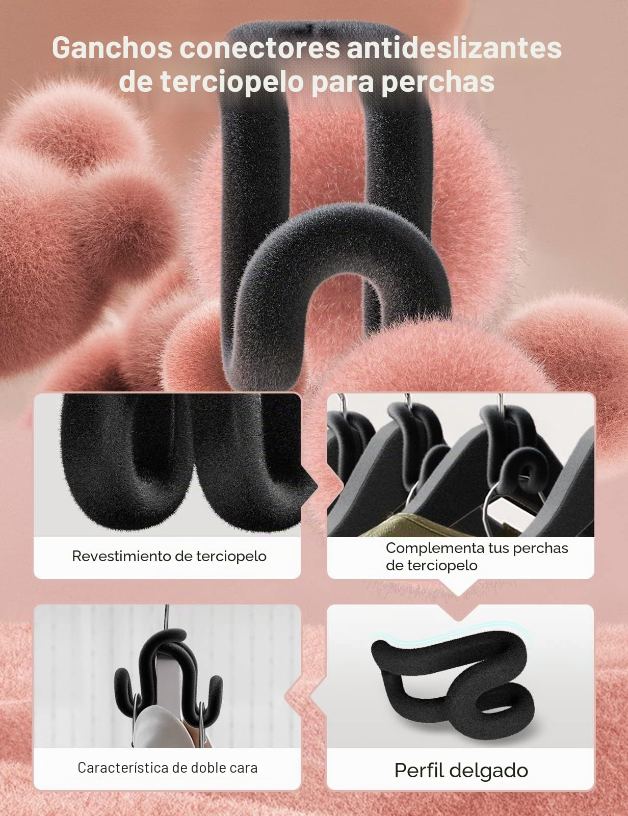 Ganchos de extensión flocados antideslizantes para perchas de terciopelo - Ahorran espacio