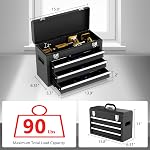 3 Drawer Metal Tool Box, Portable Metal Tool Box with EVC Liners and Latches Closure, Heavy Duty Steel Tool Chest with Ball Bearing Opening and Powder Coated Finish, Black