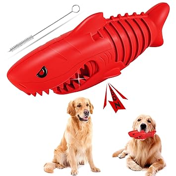 JAKI Dog Chew Toy, Dog Teeth Cleaning Toy Toothbrush, Interactive Squeaky Shark Dog Toy, Non-Toxic Natural Rubber Doy Toy for Small Medium Dogs Puppy