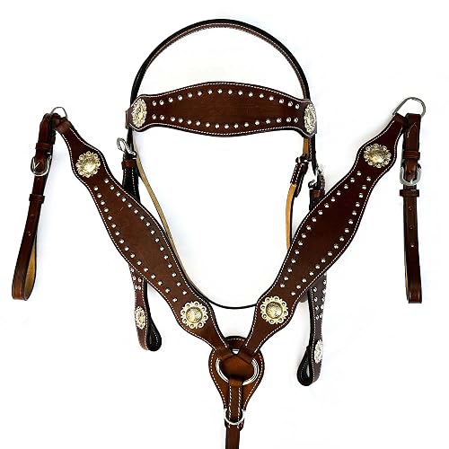 Hulara Top Grain Buff Leather Western Bridle and Breast Collar Set Tooled Headstall and Horse Breastcollar Western Tack Set Horse Breast Collar Western Bridle Sets Horse Headstall and Breast Collar