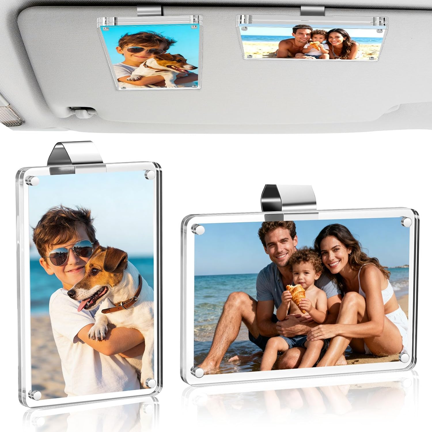 2 Pack Car Picture Holder and Visor Photo Clip, Clear Acrylic Magnetic Car Photo Holder, Horizontal & Vertical Photo Car Sun Visor Picture Frame, Auto Accessories, Family, Couple, Pet Photos
