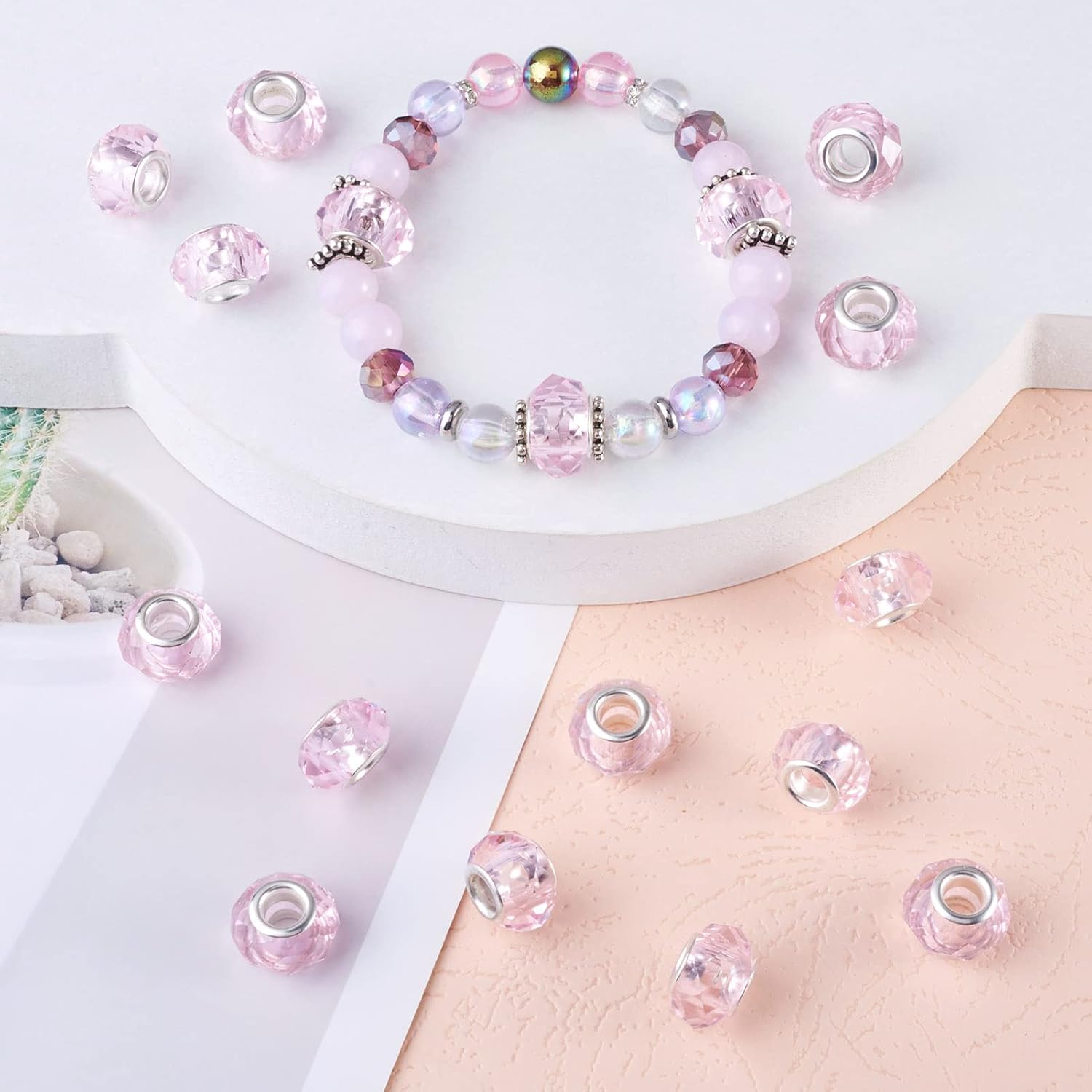 Craftdady 100Pcs Pink Faceted Glass European Beads 14x8mm Large Hole Slide Charm Rondelle Loose Spacer Beads with Brass Core for Snake Chain Bracelet Jewelry Making Hole: 5mm