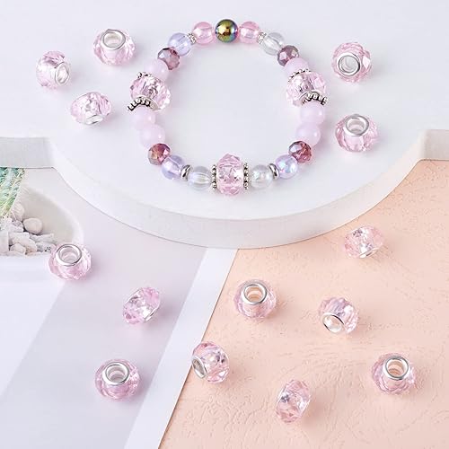 Miniatura 2 de 100 cuentas de agujero grande de 0.555 pulgadas (0.551 in), cuentas de cristal facetadas de cristal europeo rosa, cuentas espaciadoras para